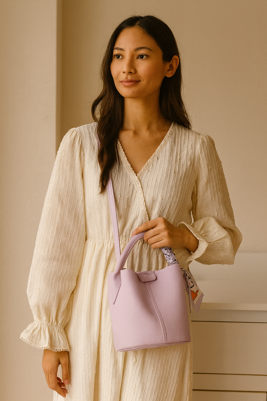 The Liliane Soft-Pebble Bucket Bag – Lavender Mist