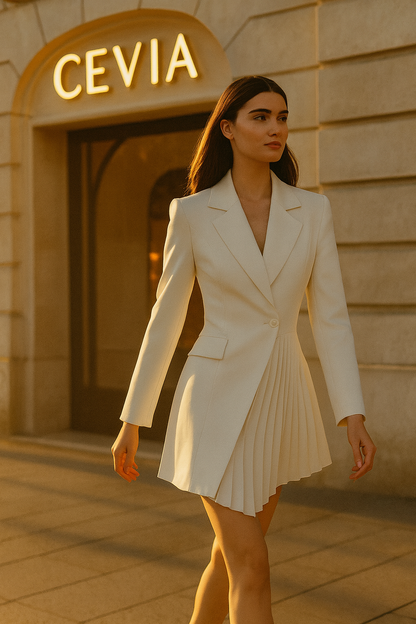 The Elanora Pleated-Asymmetry Blazer Dress — Ivory Elegance
