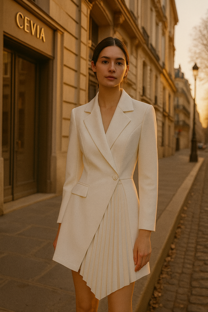 The Elanora Pleated-Asymmetry Blazer Dress — Ivory Elegance