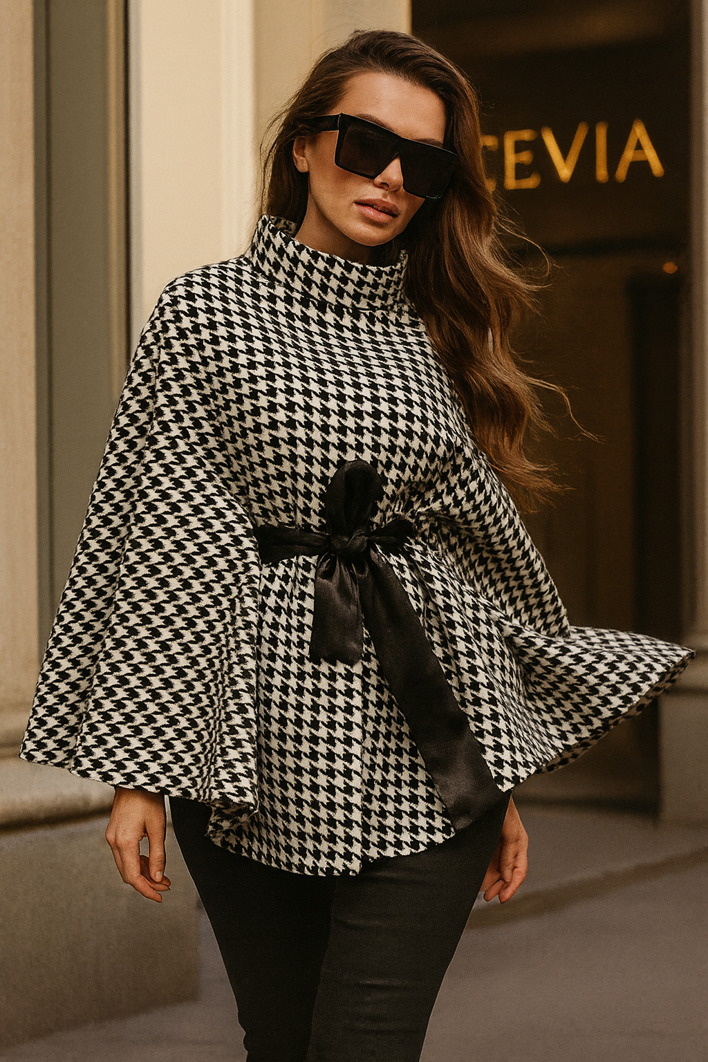 The Valoria Houndstooth Belted Cape Top