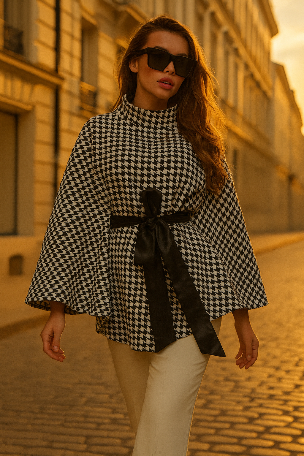 The Valoria Houndstooth Belted Cape Top