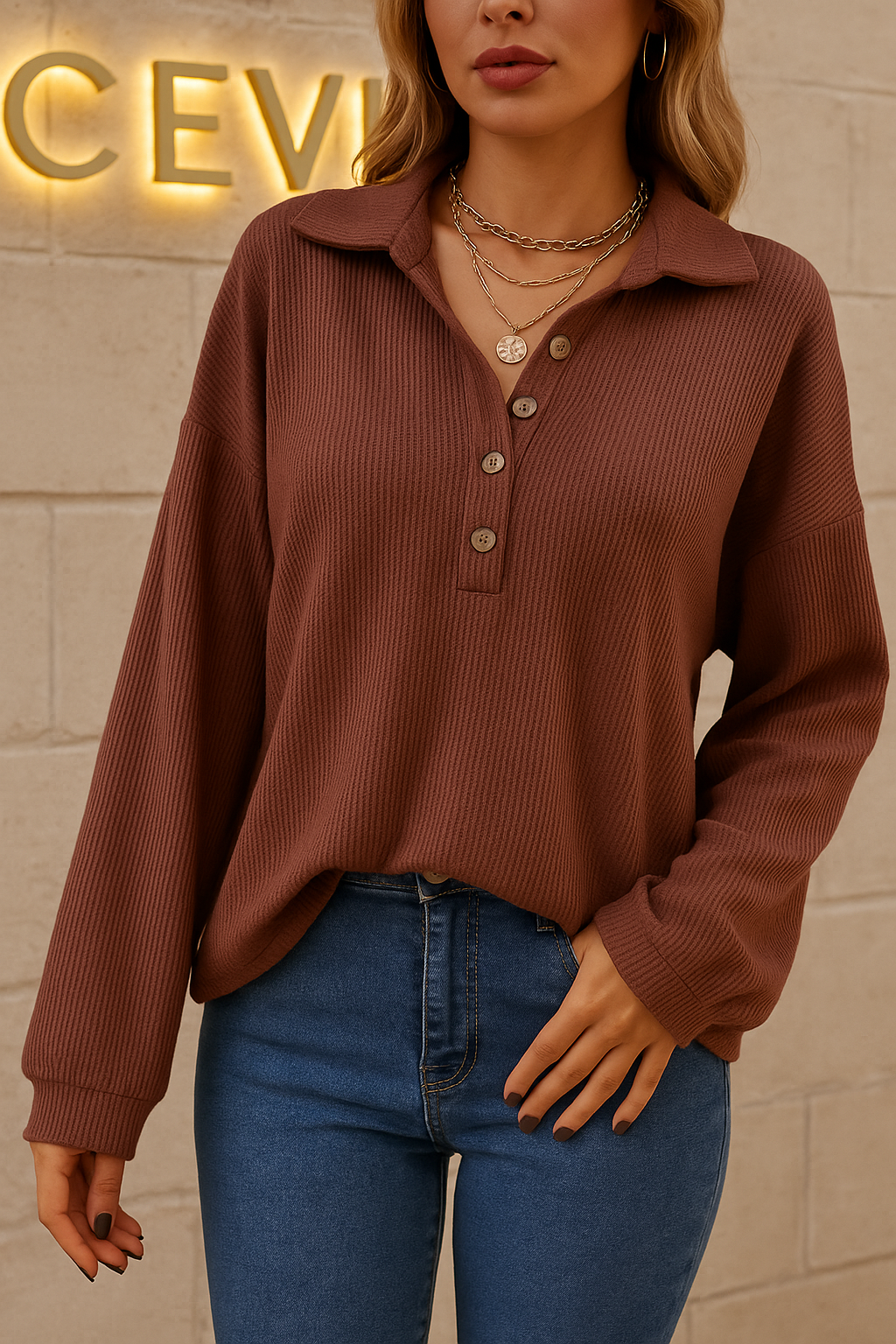 The Marvella Ribbed Button-Collar Top