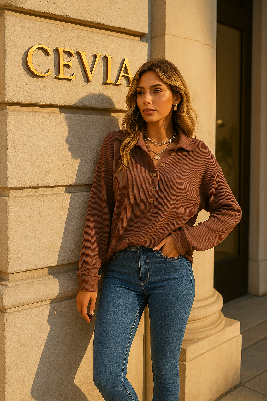 The Marvella Ribbed Button-Collar Top