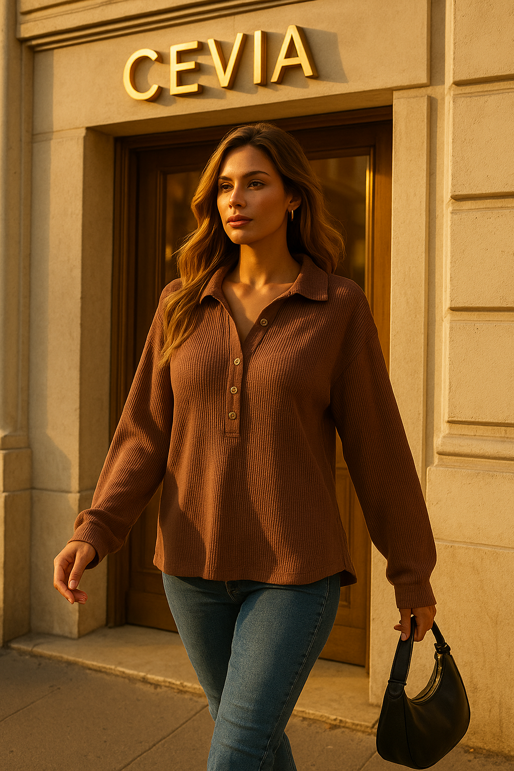 The Marvella Ribbed Button-Collar Top