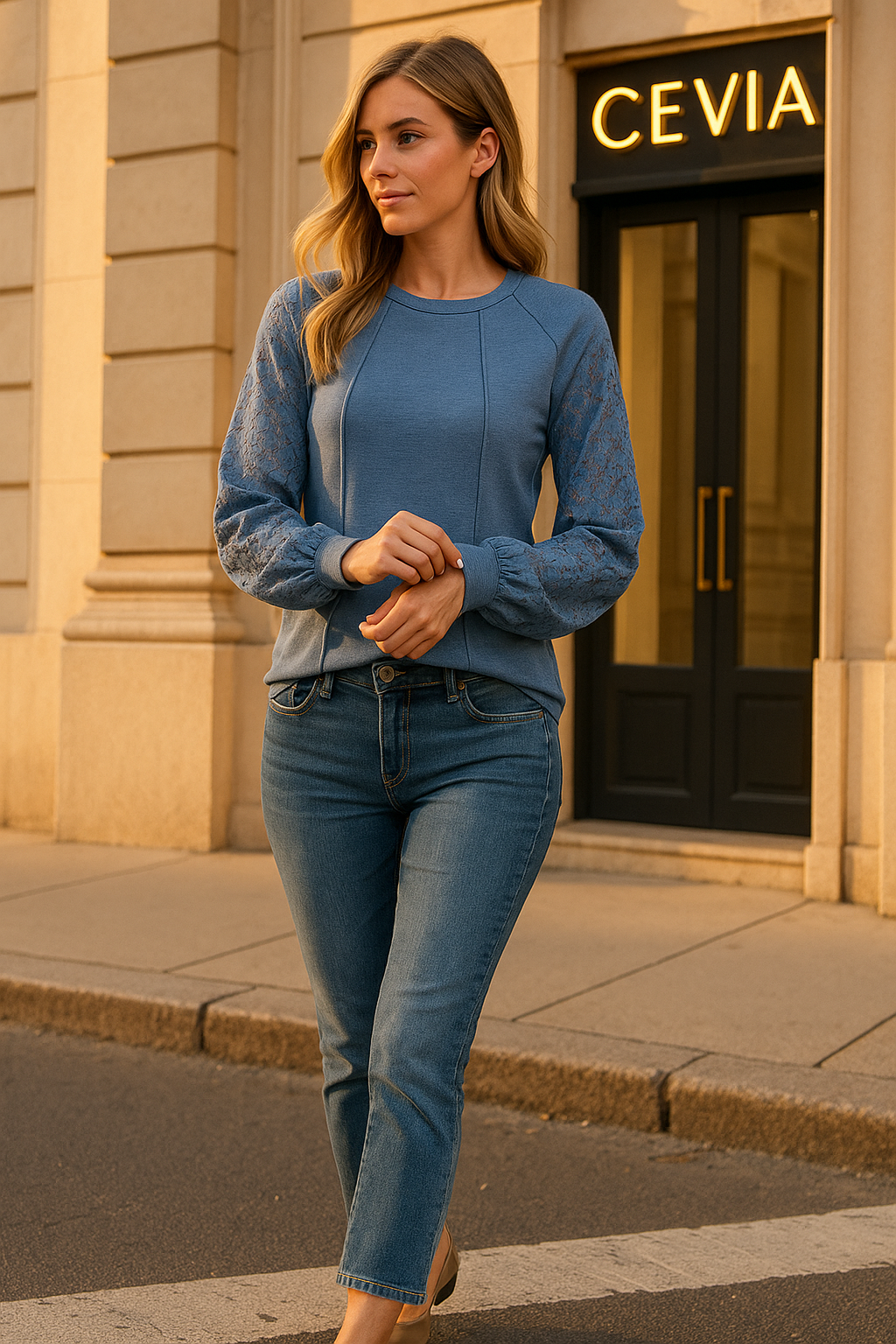 The Lysandra Lace-Sleeve Seamline Top