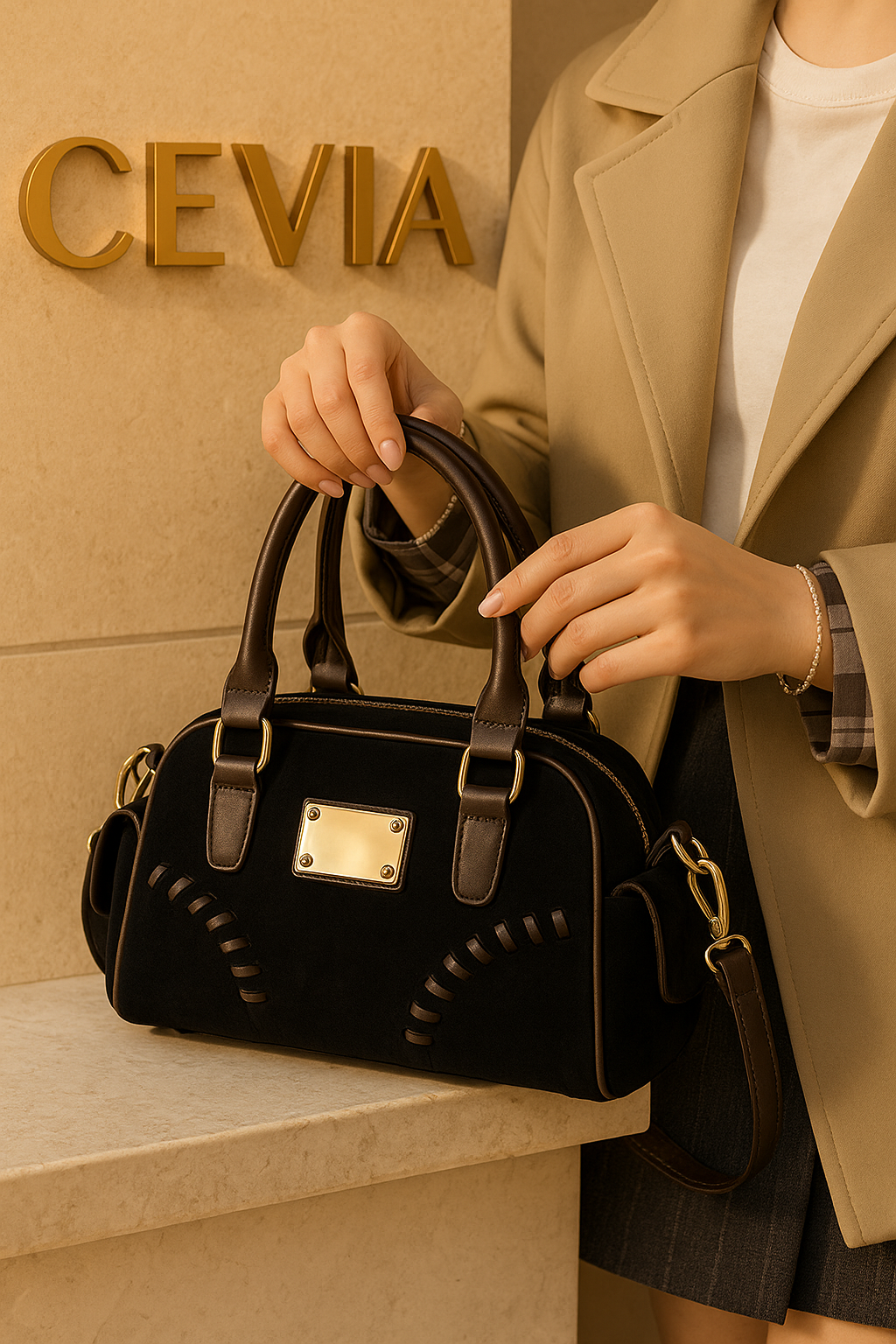 The Marcellé Noir-Suede Barrel Handbag