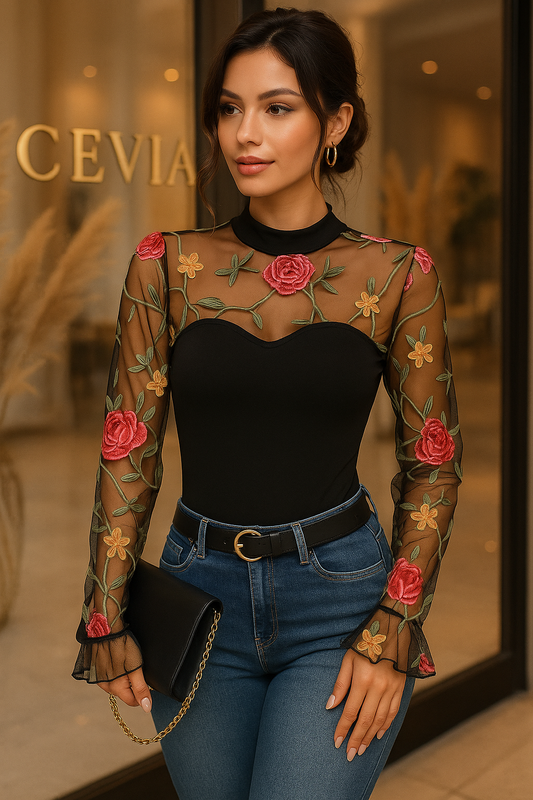 The Roséliane Embroidered Sheer Bodysuit