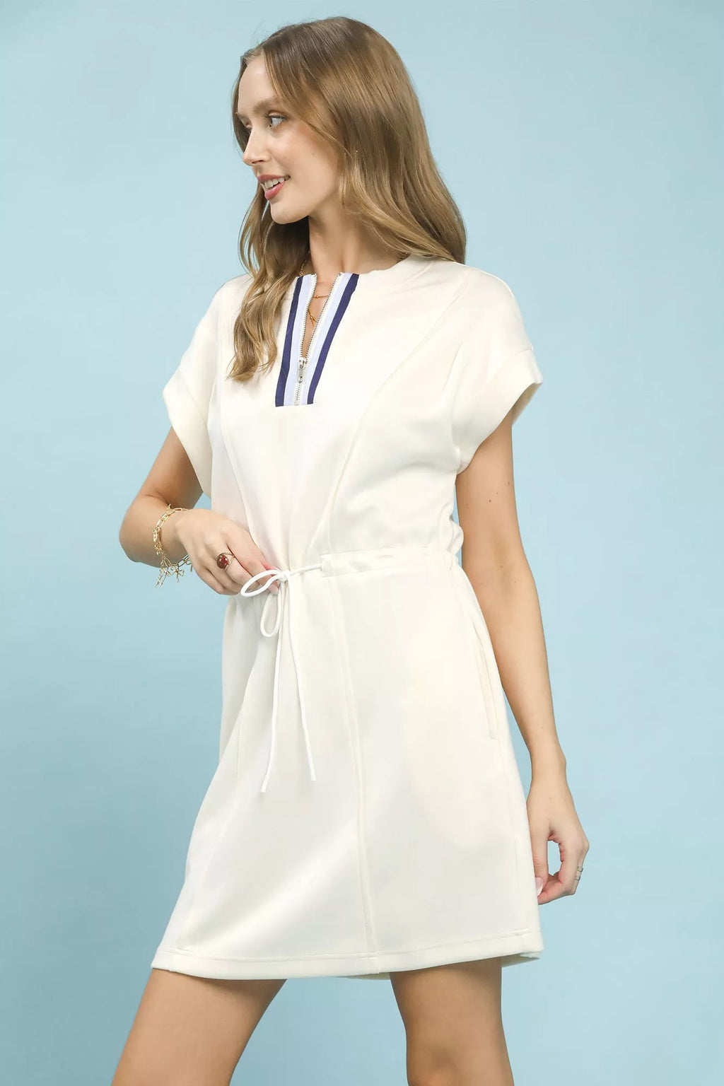 Zip Front Drawstring Knit Dress