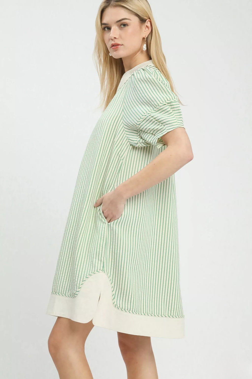 Pinstripe Notched Shift Dress