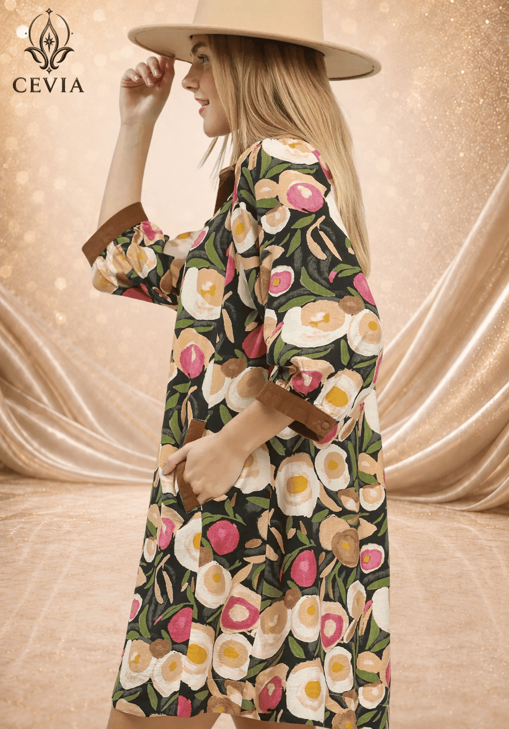 Botanical Print Shift Mini Dress - CEVIA