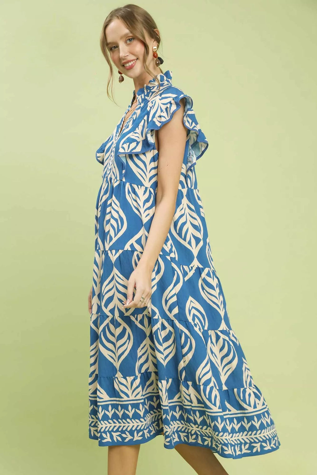 Leaf Print Tiered Midi Dress