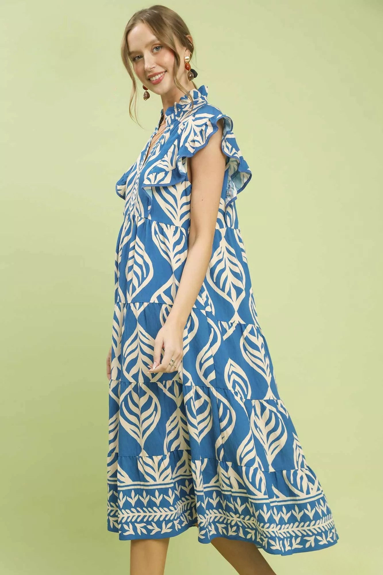 Leaf Print Tiered Midi Dress