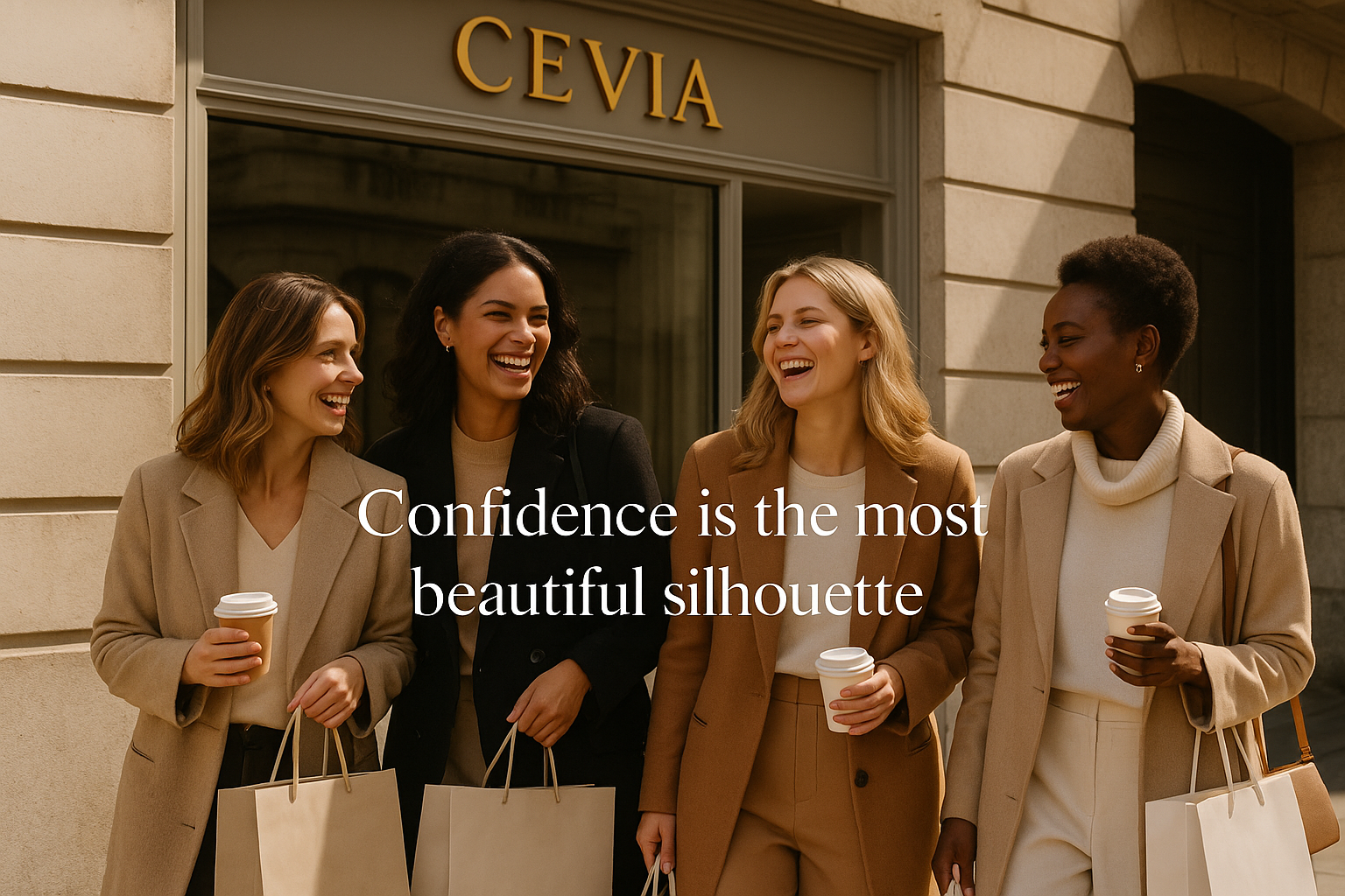 Elegant women in timeless neutral fashion walking confidently in front of CEVIA boutique
