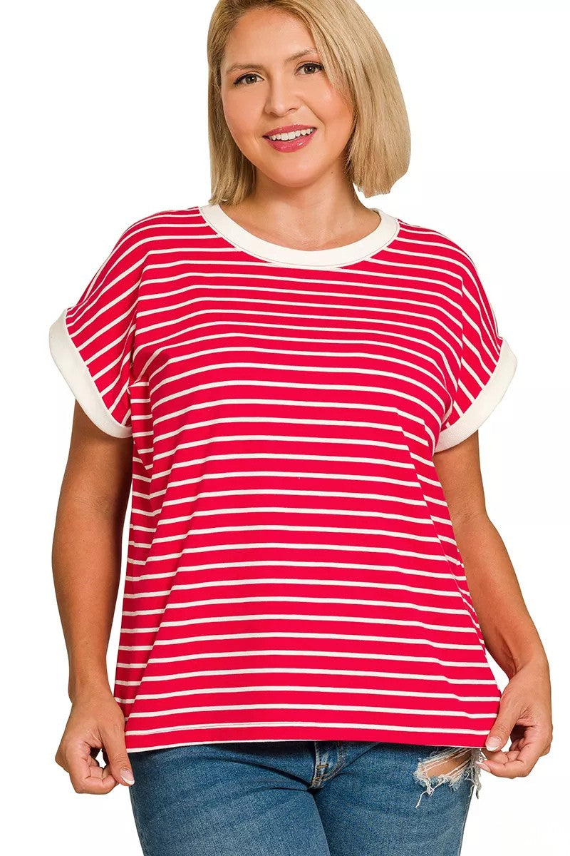 Contrast Trim Striped Cap Sleeve Tee