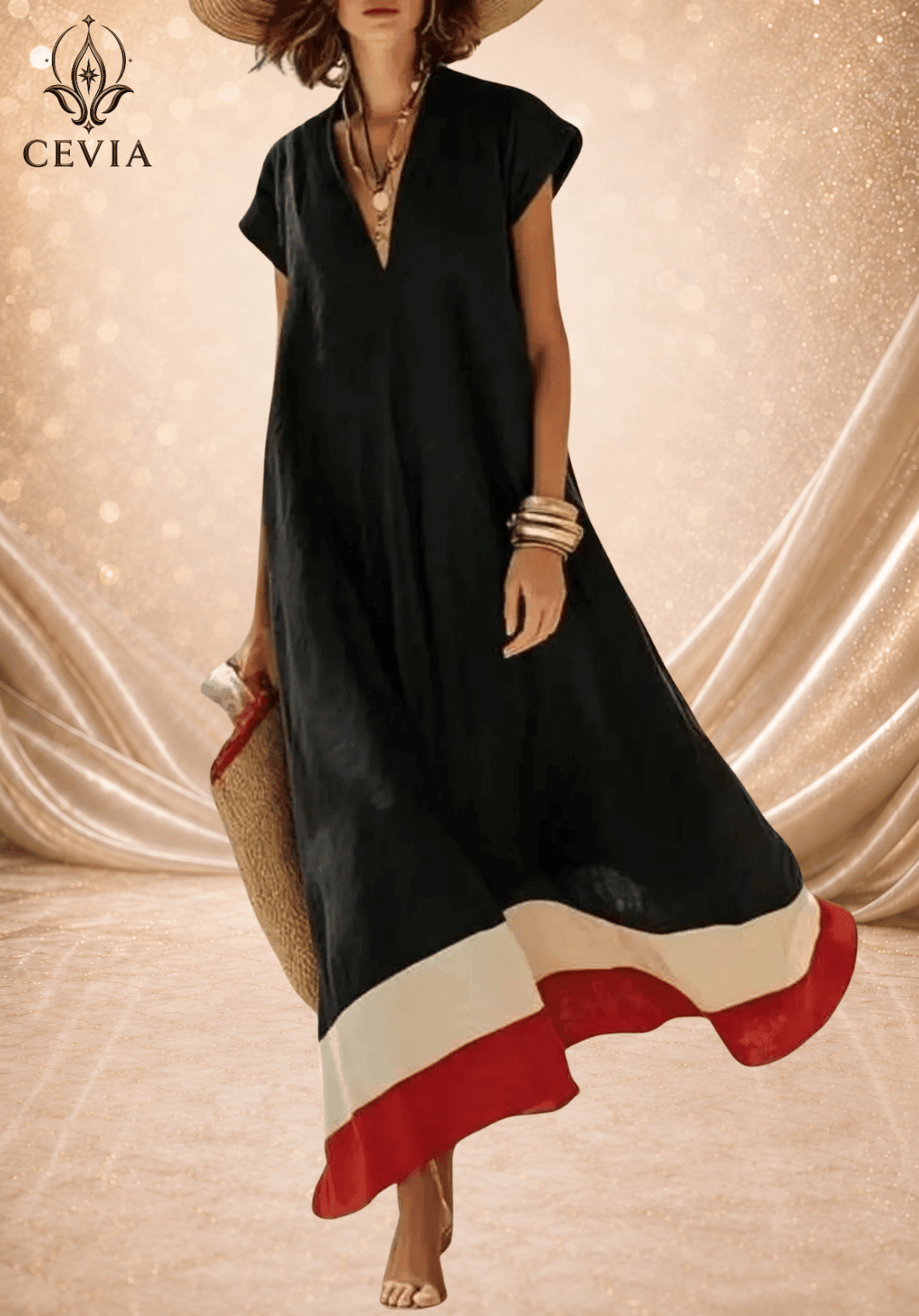 Contrast Hem V-Neck Relaxed Maxi Dress - CEVIA
