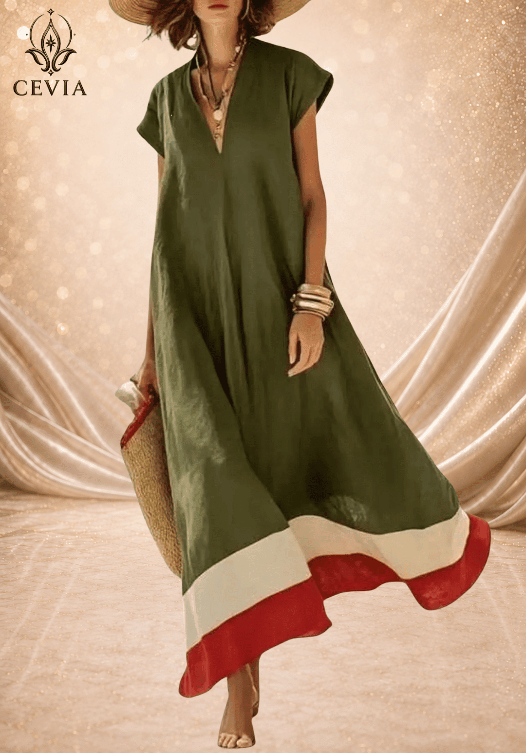 Contrast Hem V-Neck Relaxed Maxi Dress - CEVIA