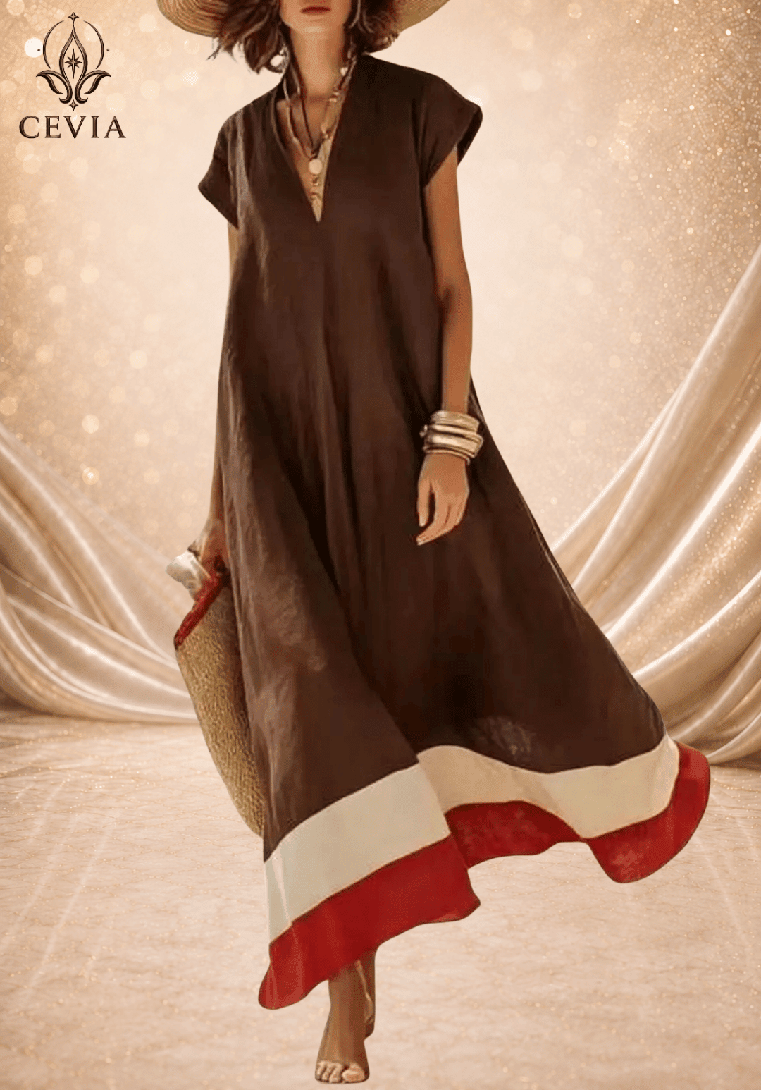 Contrast Hem V-Neck Relaxed Maxi Dress - CEVIA