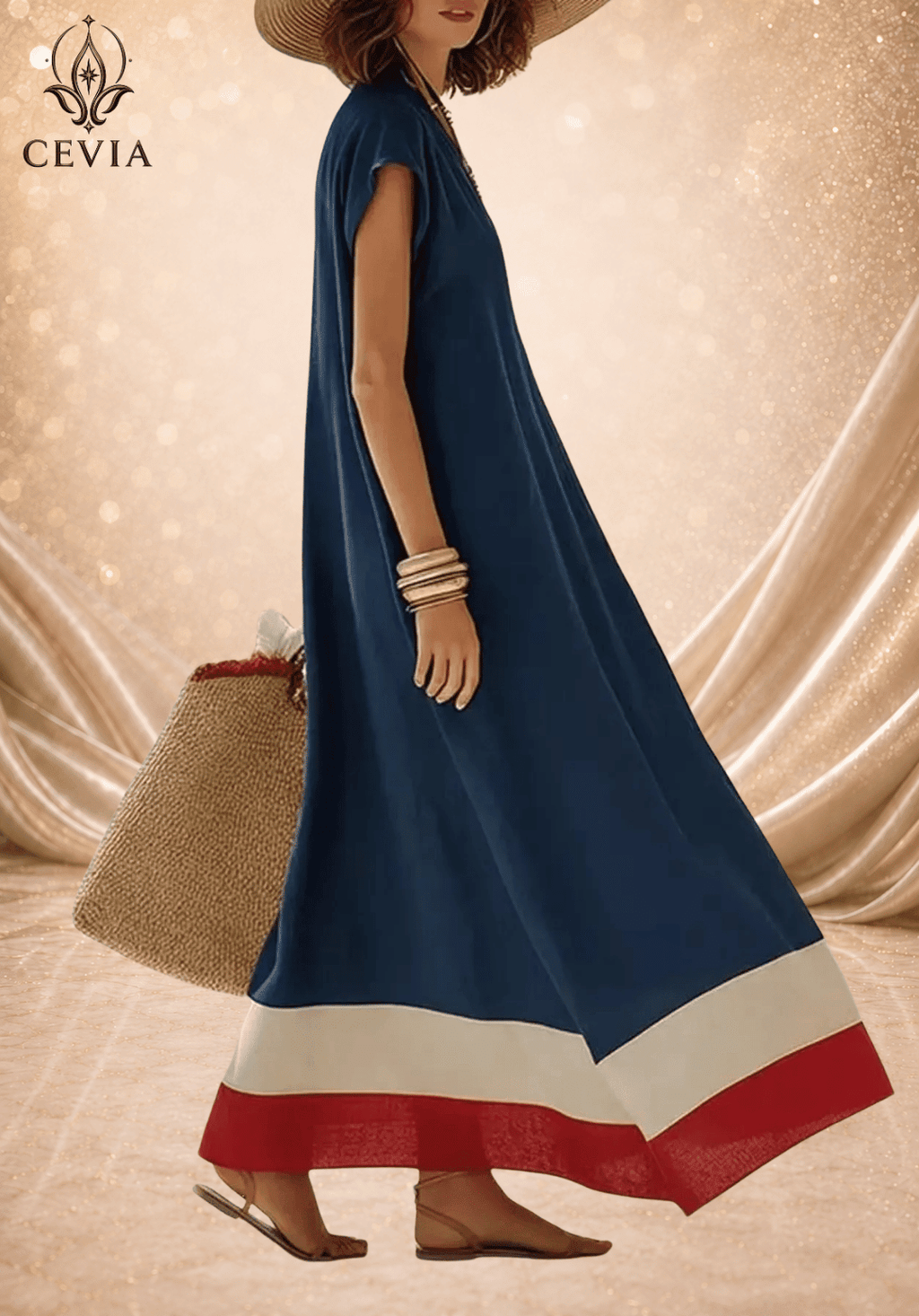 Contrast Hem V-Neck Relaxed Maxi Dress - CEVIA