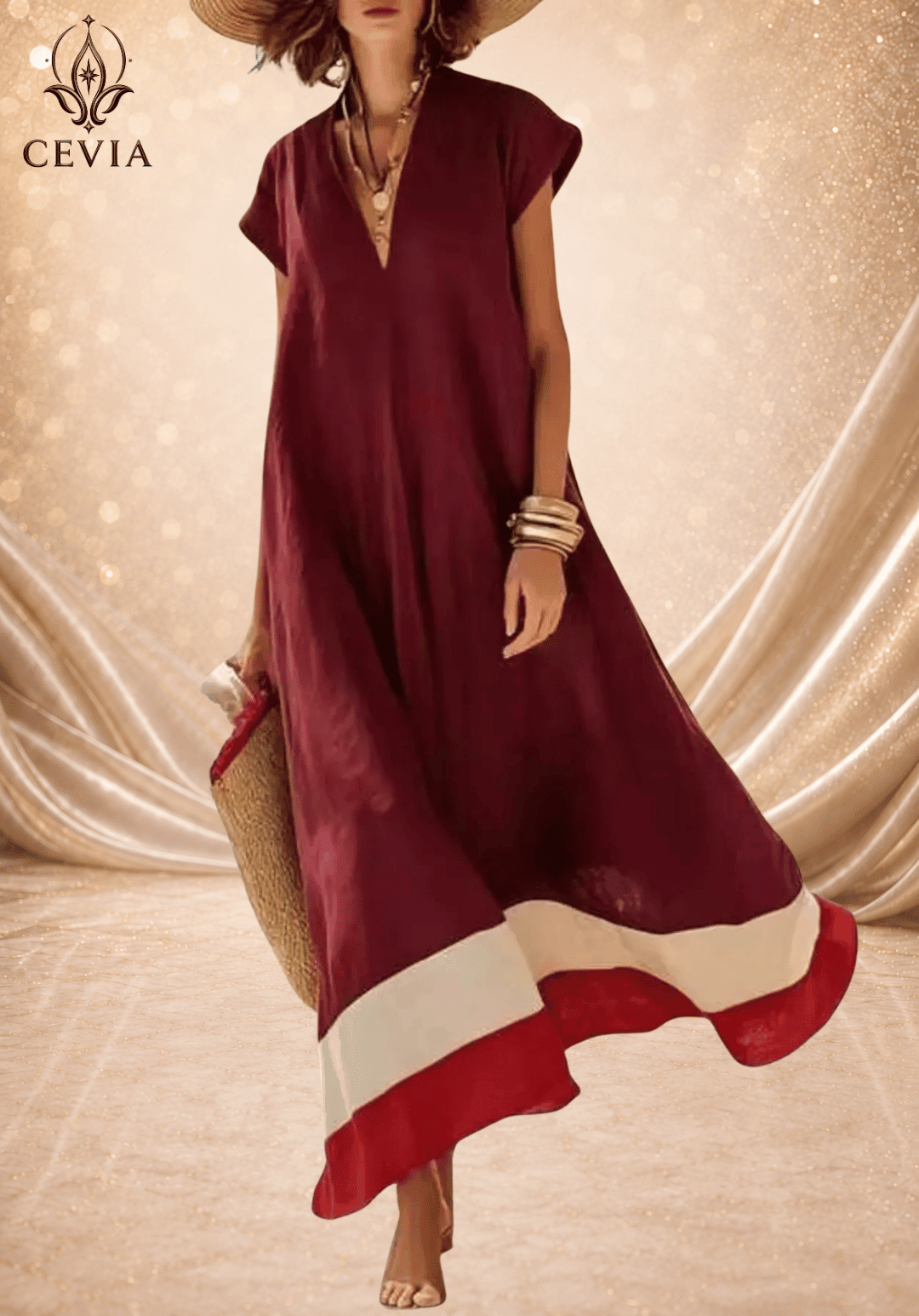 Contrast Hem V-Neck Relaxed Maxi Dress - CEVIA