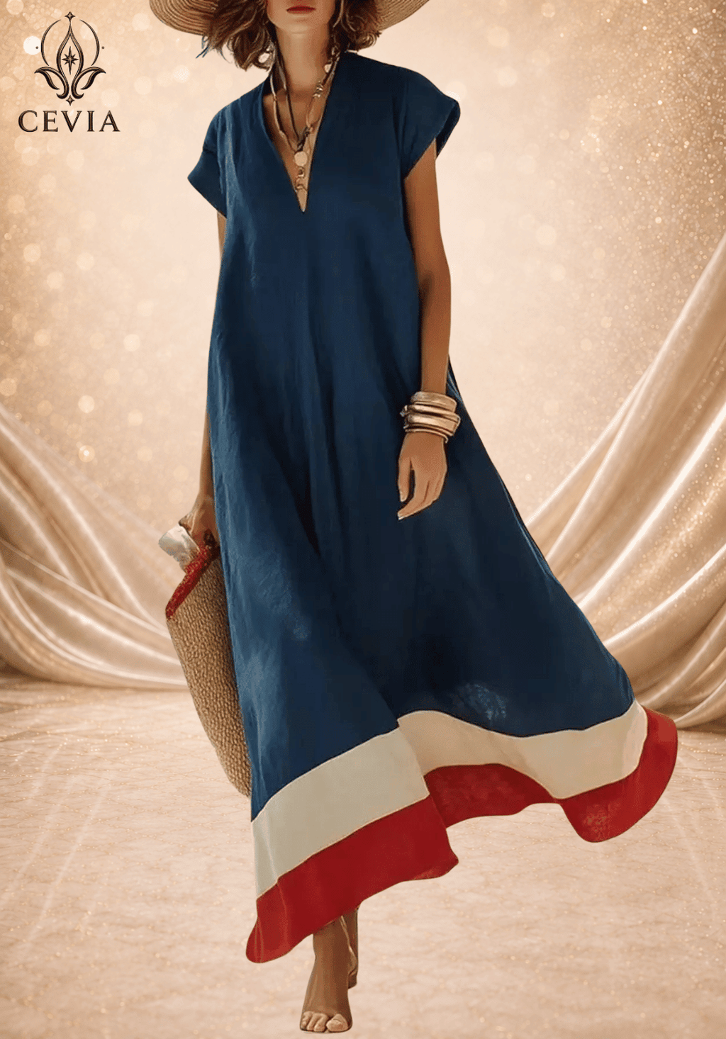 Contrast Hem V-Neck Relaxed Maxi Dress - CEVIA