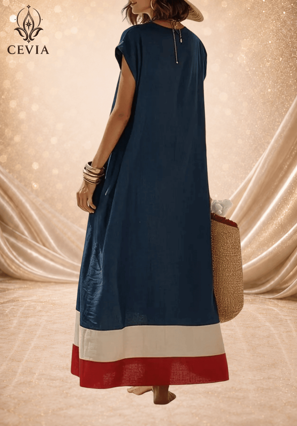 Contrast Hem V-Neck Relaxed Maxi Dress - CEVIA