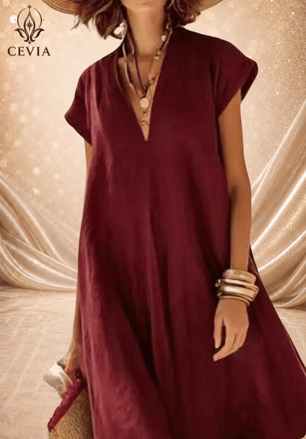 Contrast Hem V-Neck Relaxed Maxi Dress - CEVIA