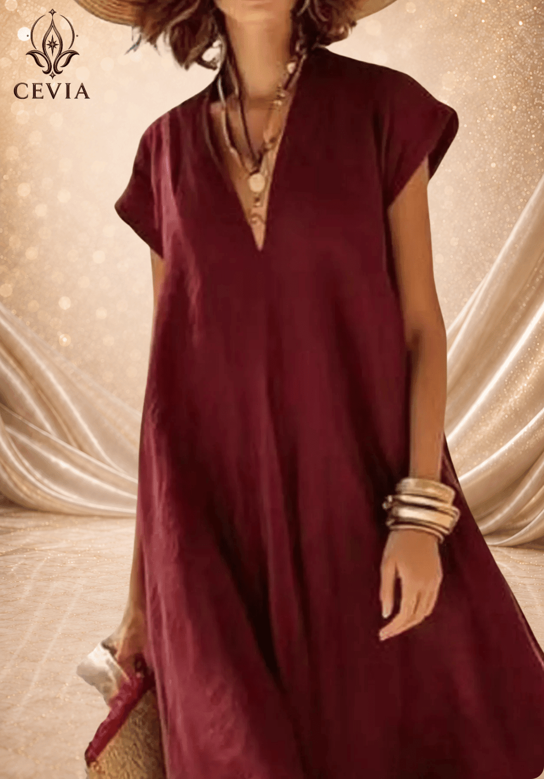 Contrast Hem V-Neck Relaxed Maxi Dress - CEVIA