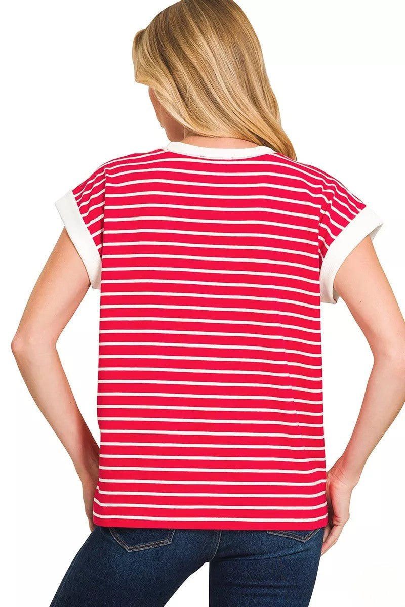 Contrast Trim Striped Cap Sleeve Tee