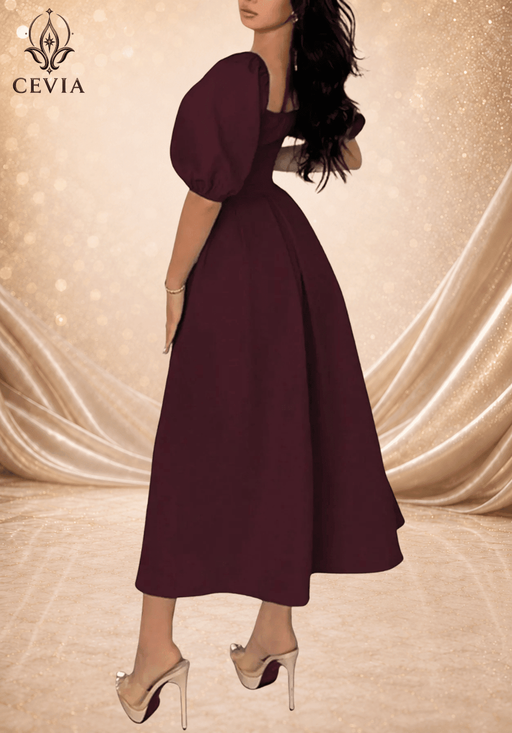 Elegant Square Neck Pleated Midi Dress - CEVIA