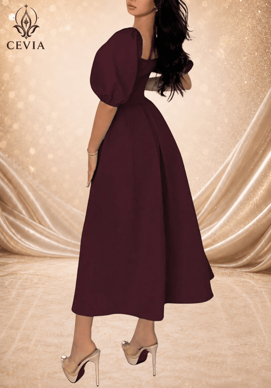 Elegant Square Neck Pleated Midi Dress - CEVIA