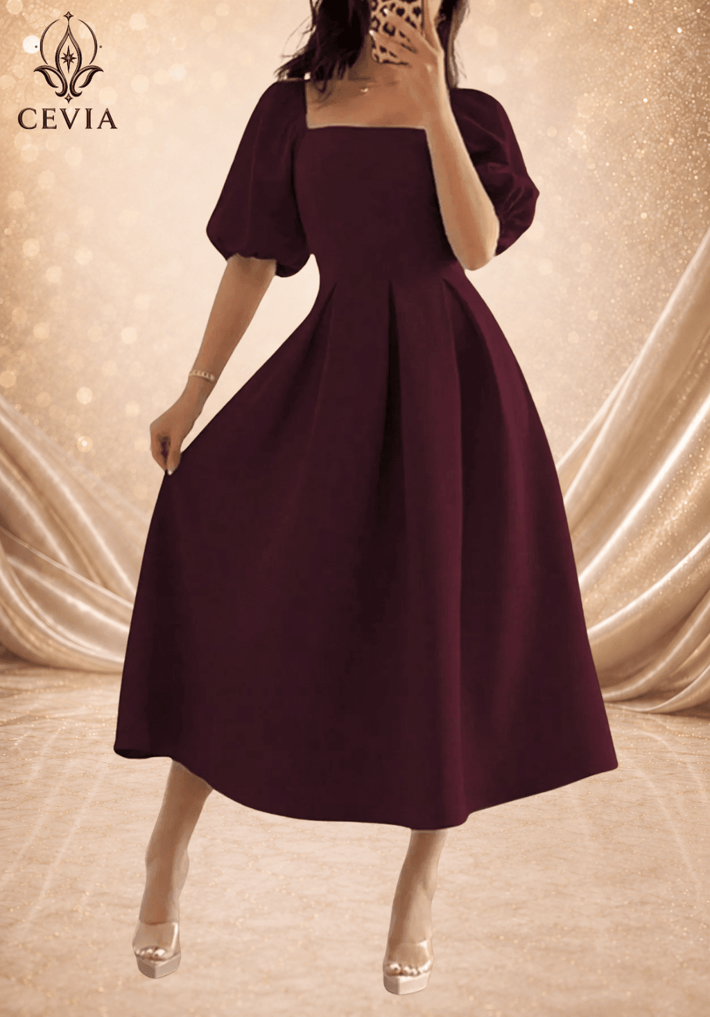 Elegant Square Neck Pleated Midi Dress - CEVIA