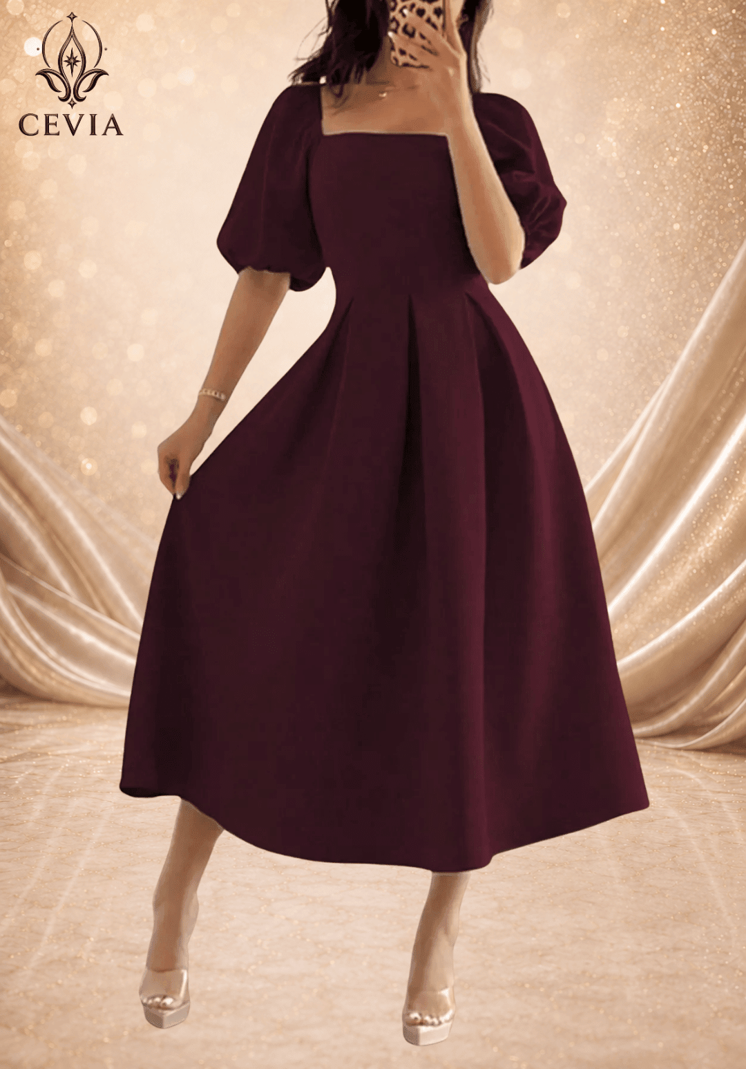 Elegant Square Neck Pleated Midi Dress - CEVIA