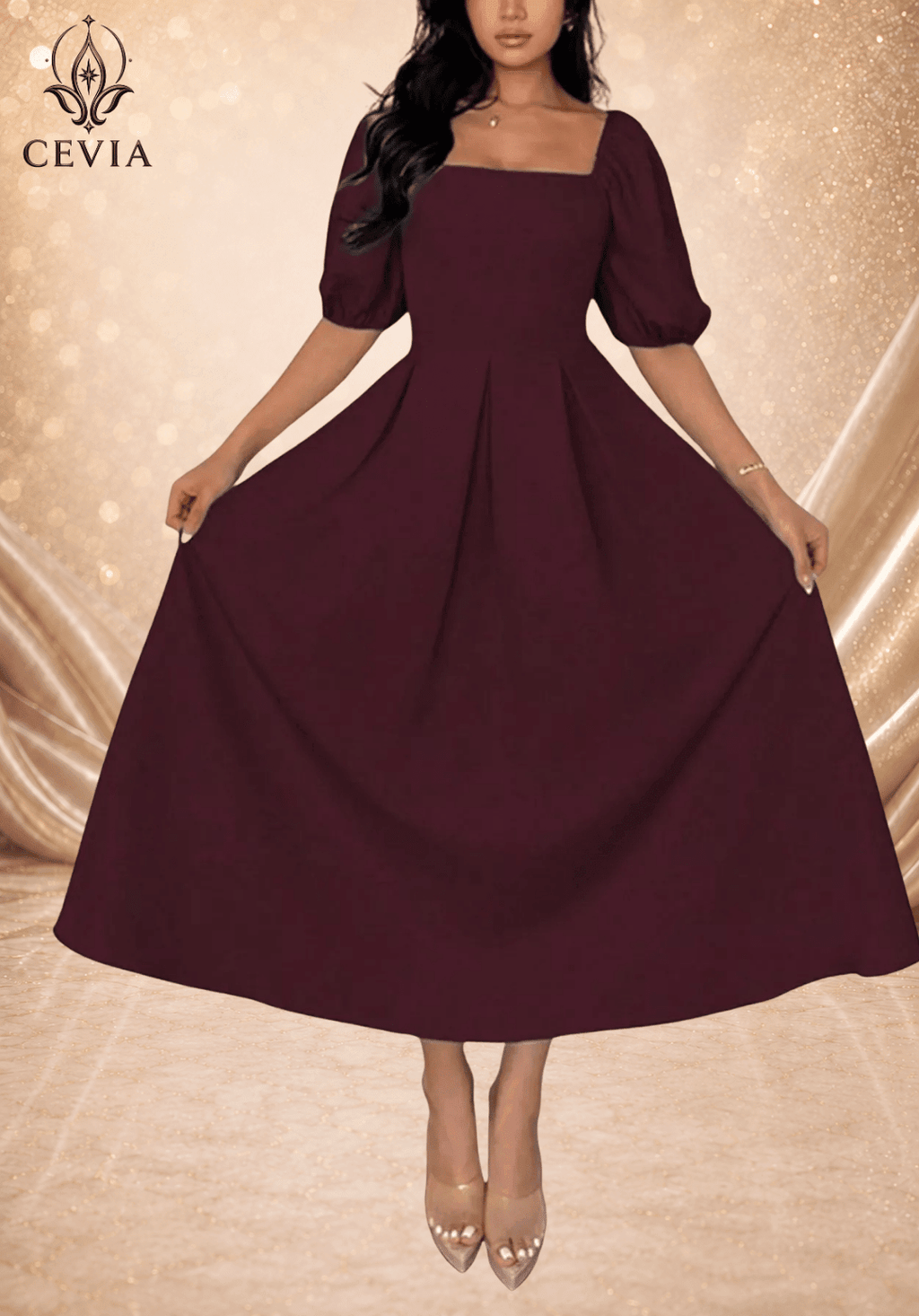 Elegant Square Neck Pleated Midi Dress - CEVIA
