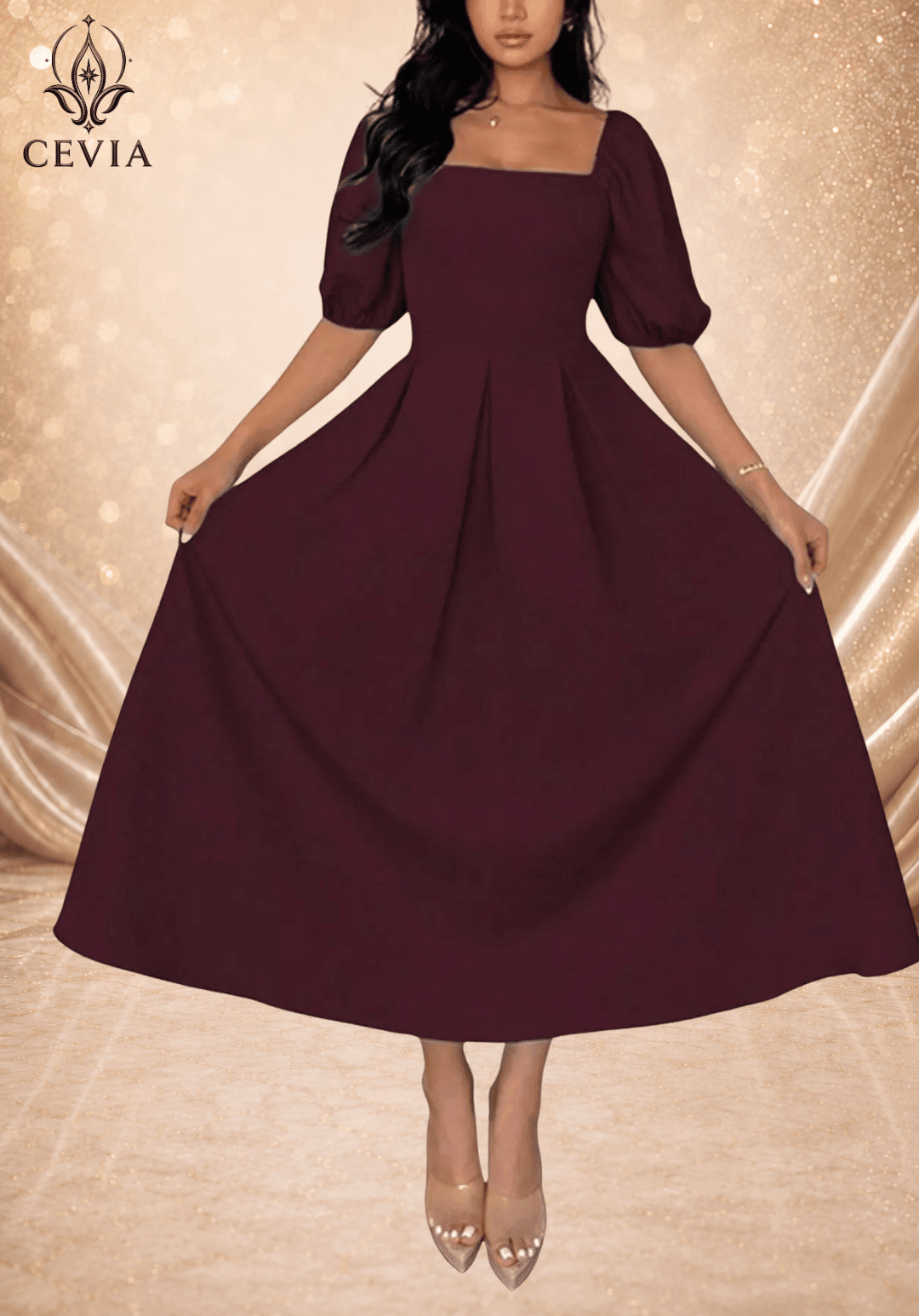 Elegant Square Neck Pleated Midi Dress - CEVIA