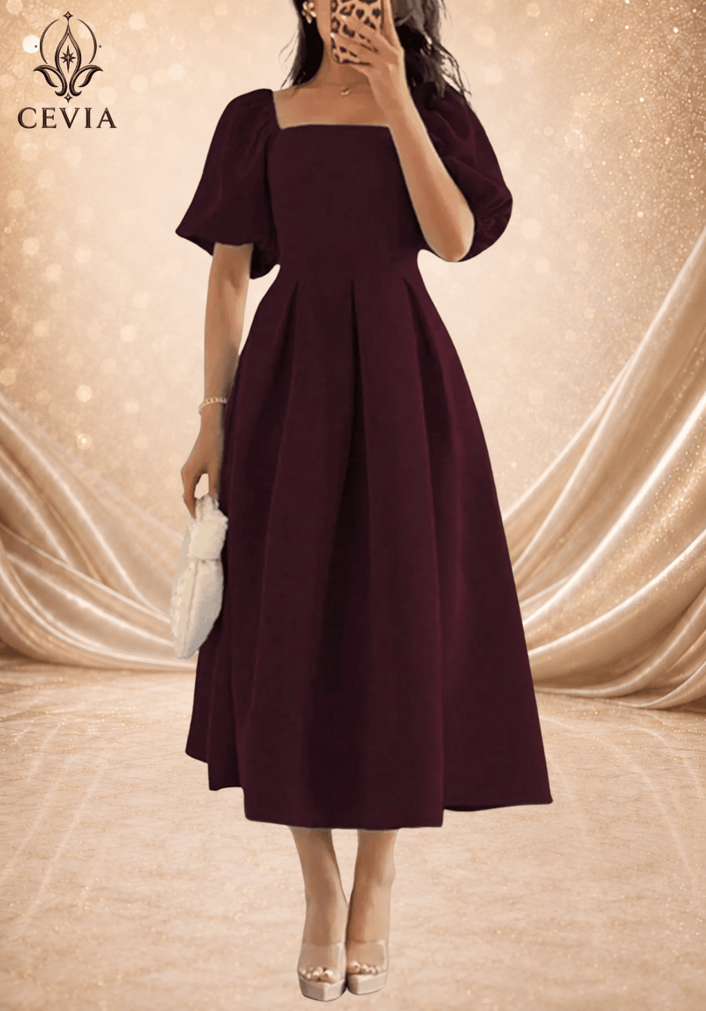 Elegant Square Neck Pleated Midi Dress - CEVIA