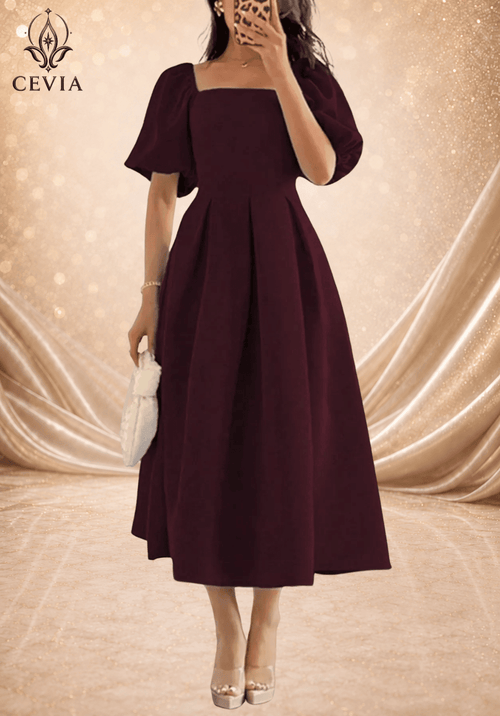 Elegant Square Neck Pleated Midi Dress - CEVIA