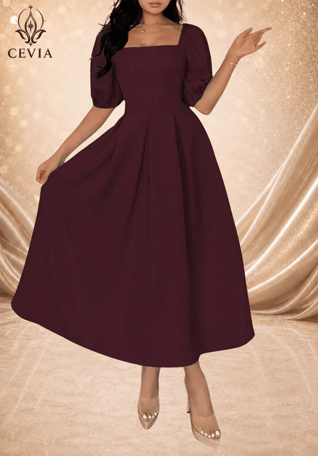 Elegant Square Neck Pleated Midi Dress - CEVIA