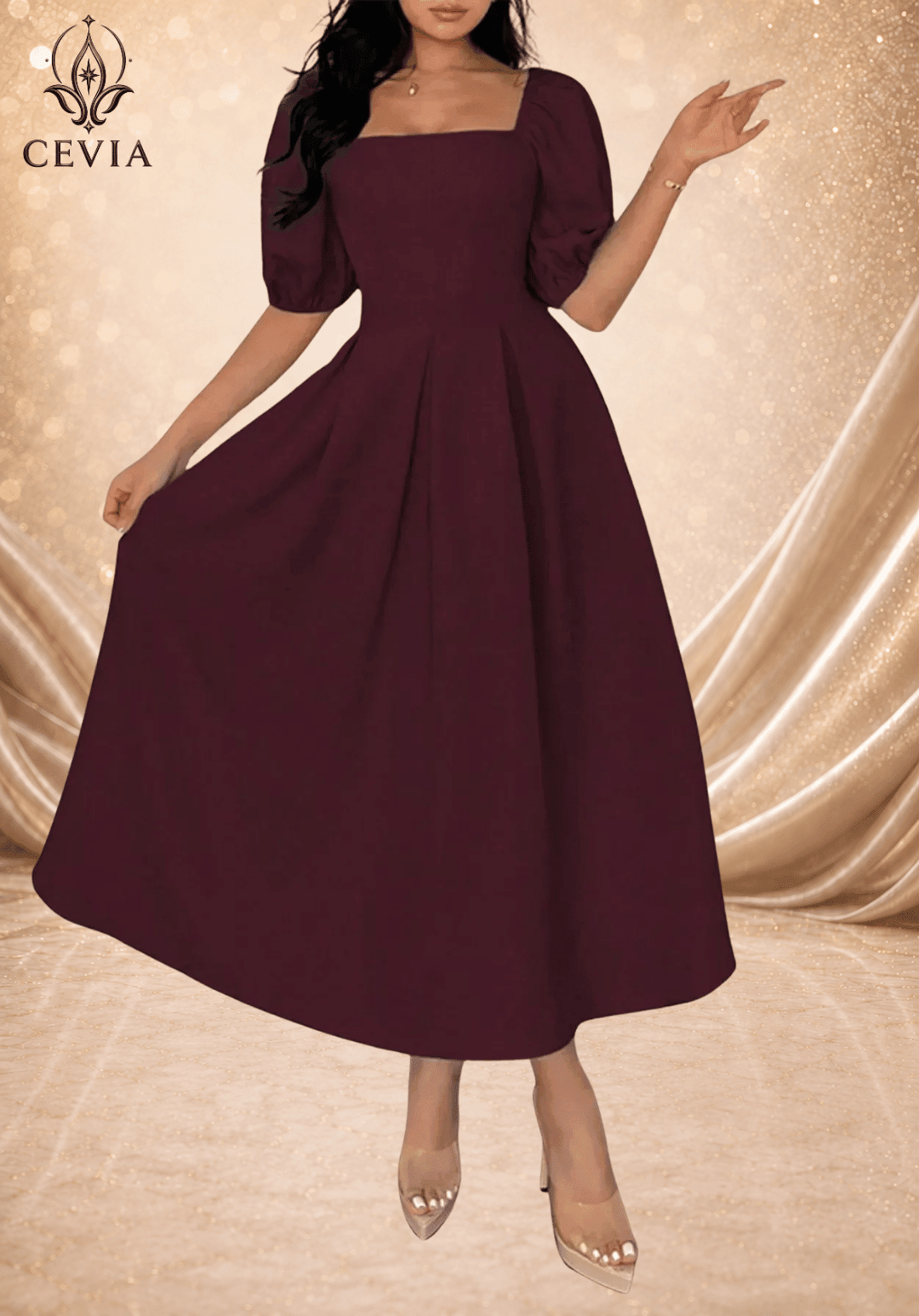 Elegant Square Neck Pleated Midi Dress - CEVIA
