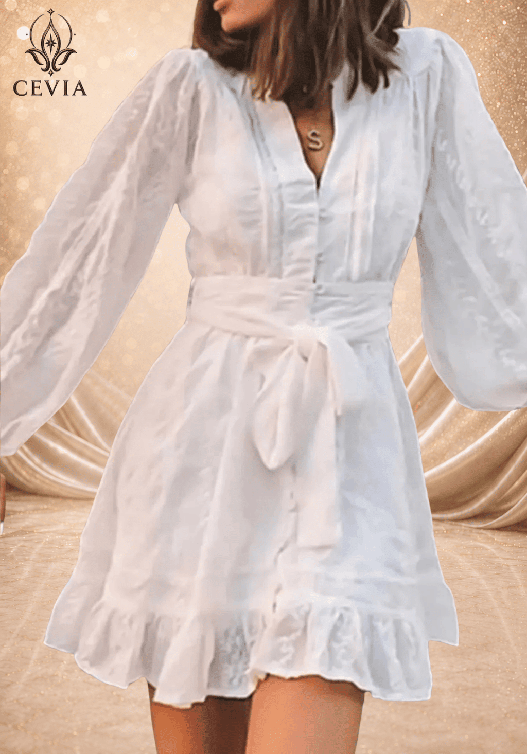 Romantic Lace Trim Belted Ruffle Mini Dress - CEVIA