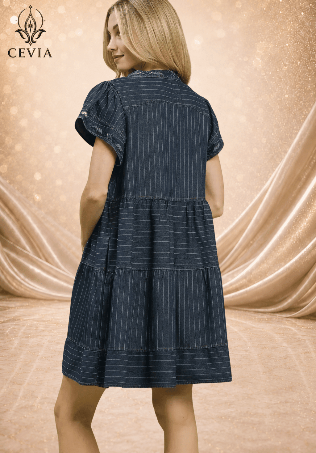 Striped Chambray Tiered Babydoll Dress - CEVIA