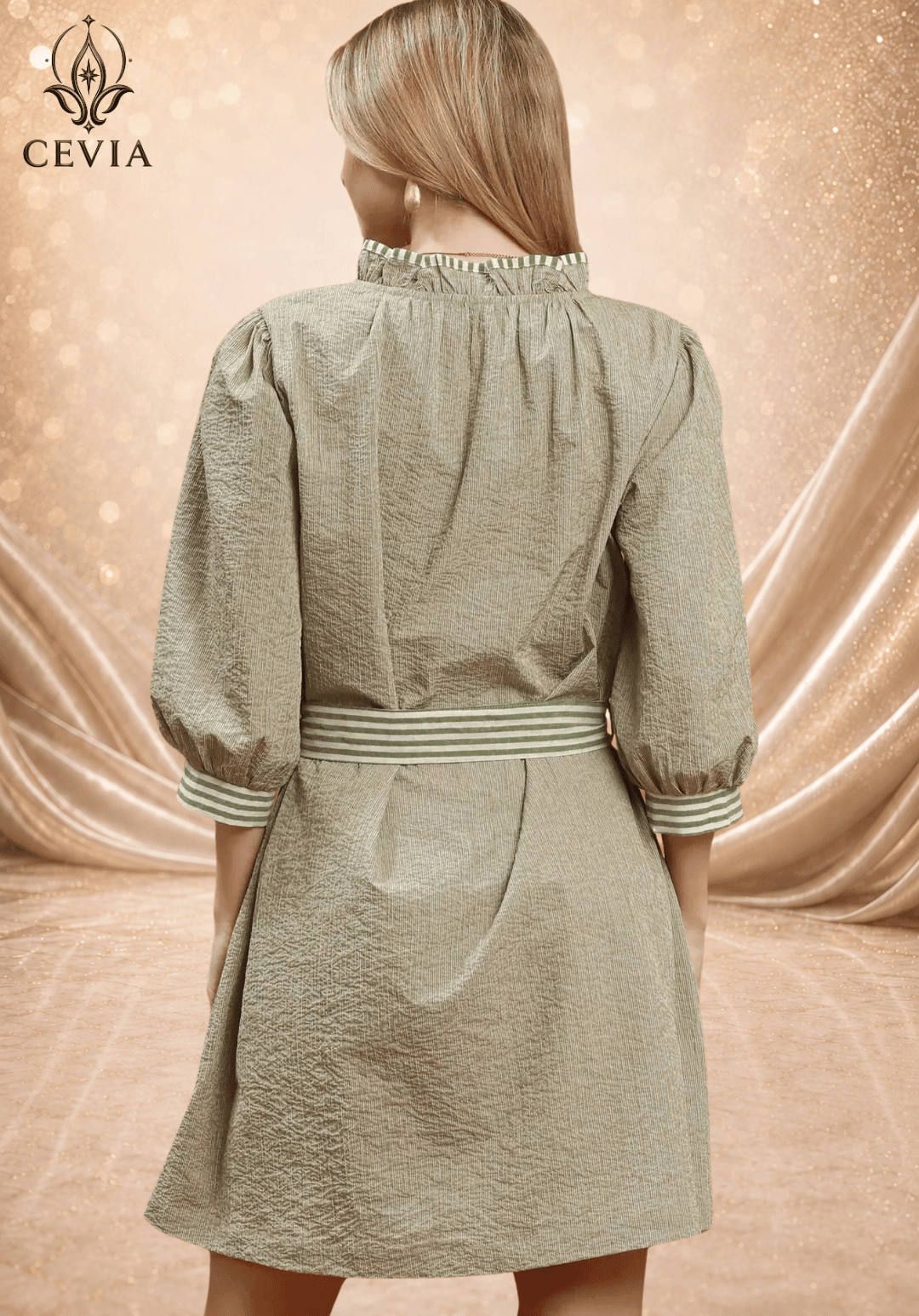 Textured Tie-Waist Puff Sleeve Mini Dress - CEVIA