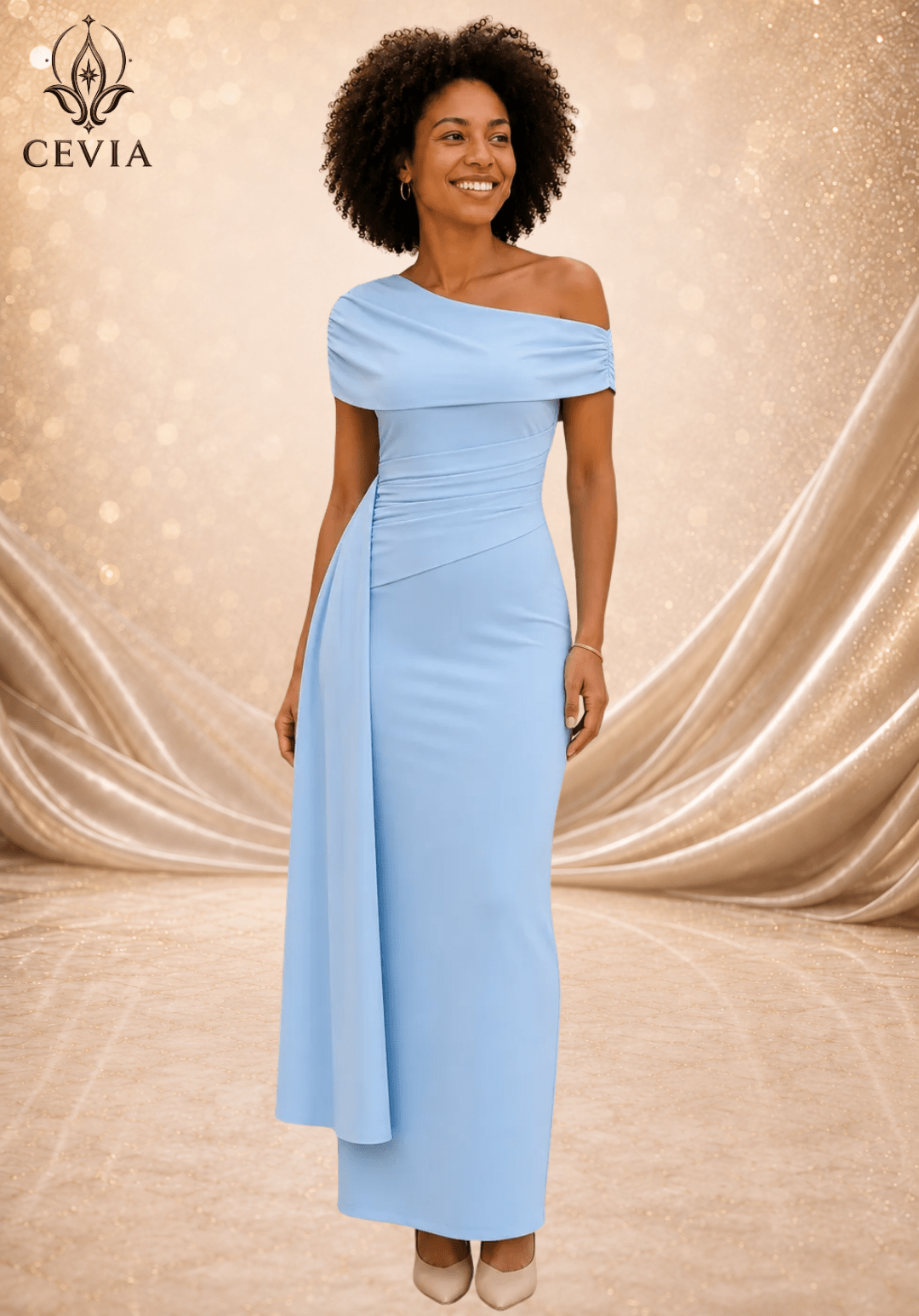 The Asymmetrical Ruched Draped Maxi Dress - CEVIA