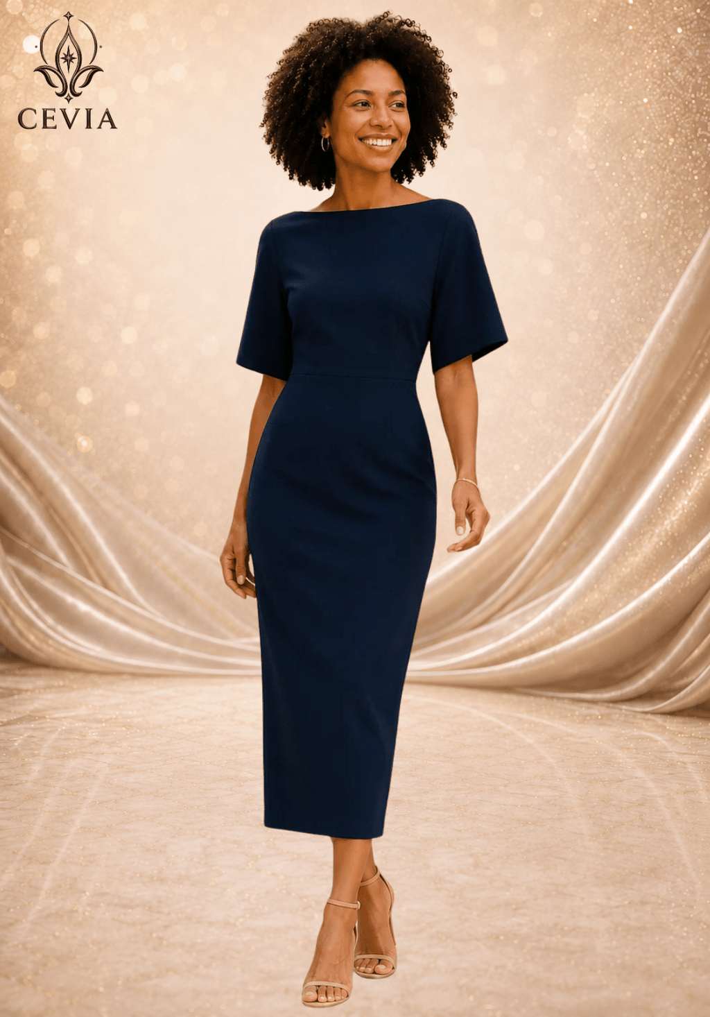 The Boat-Neck Cape-Sleeve Midi Dress - CEVIA