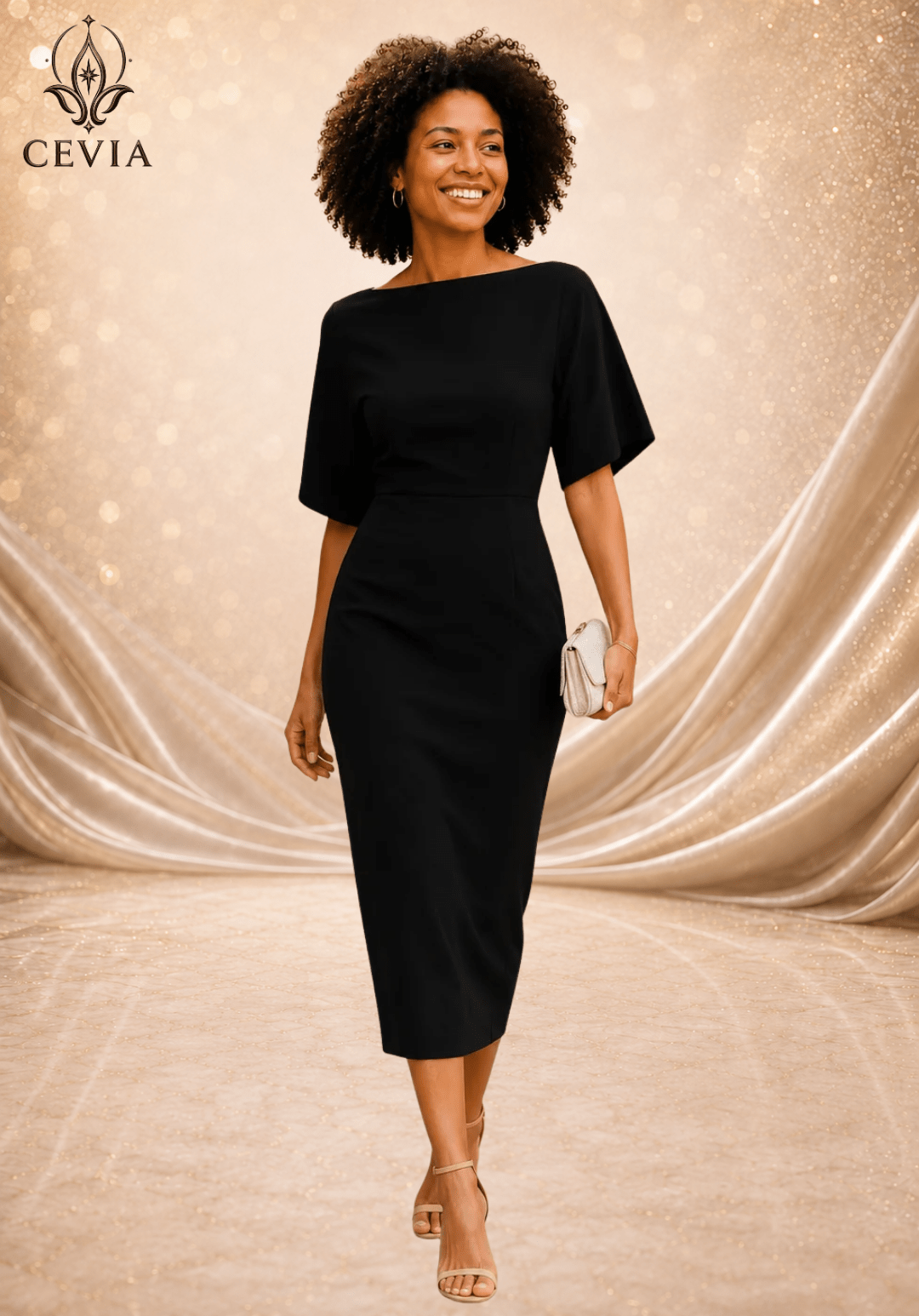 The Boat-Neck Cape-Sleeve Midi Dress - CEVIA