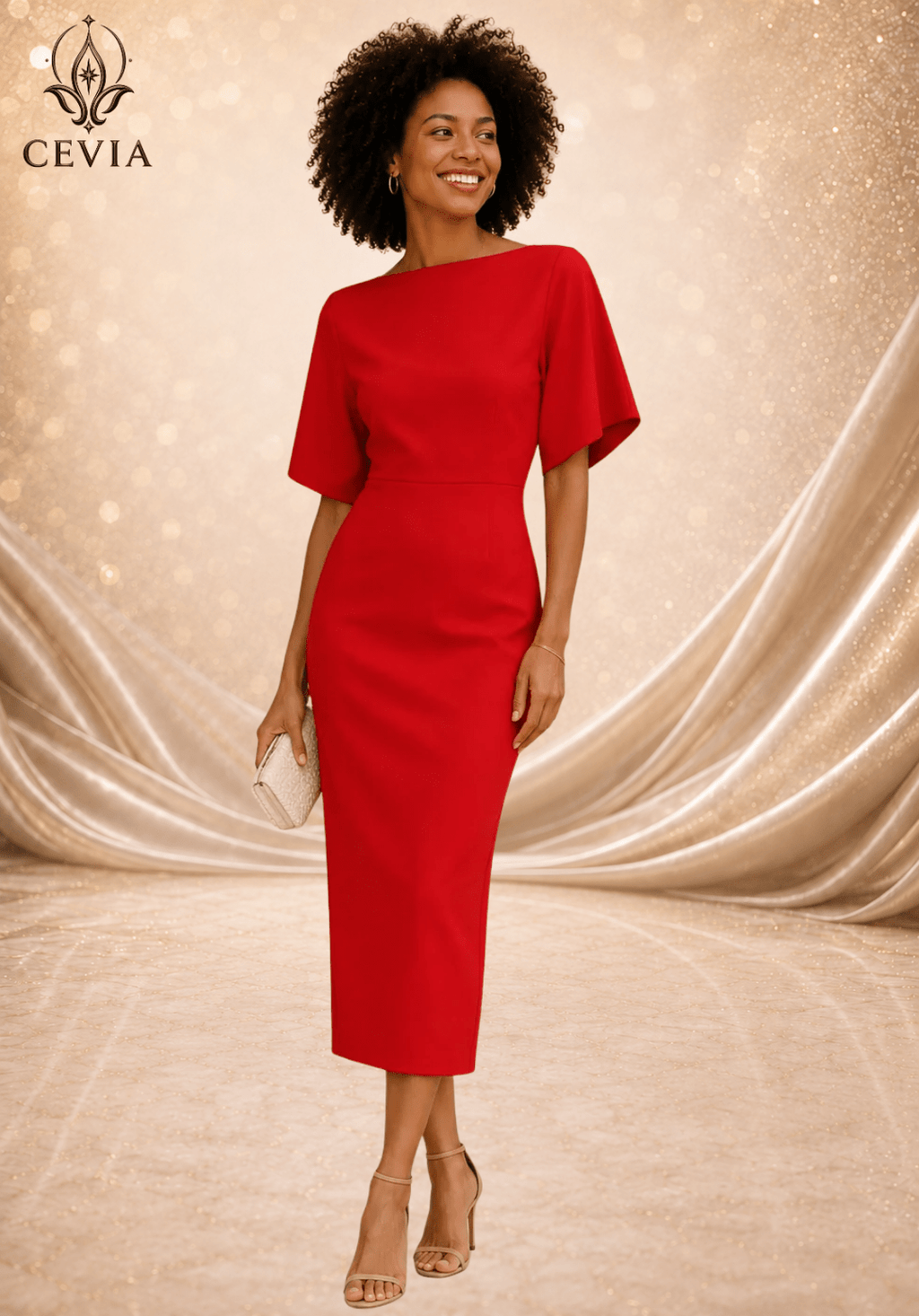 The Boat-Neck Cape-Sleeve Midi Dress - CEVIA