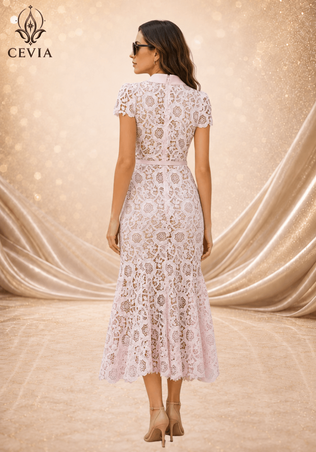 The Floral Lace Collared Mermaid Midi Dress - CEVIA