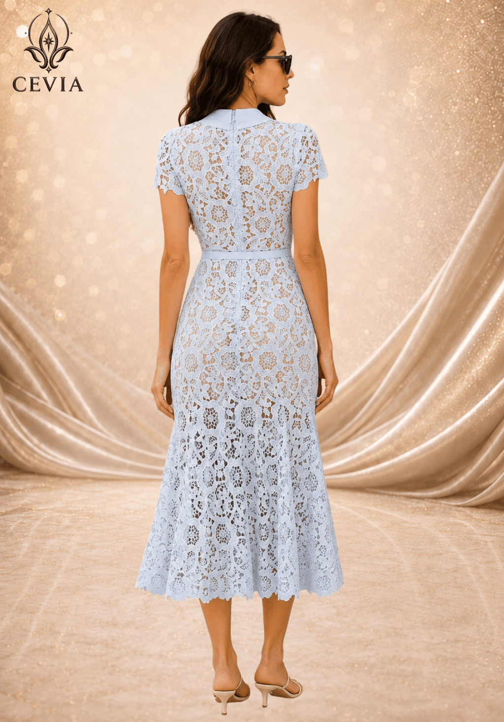 The Floral Lace Collared Mermaid Midi Dress - CEVIA