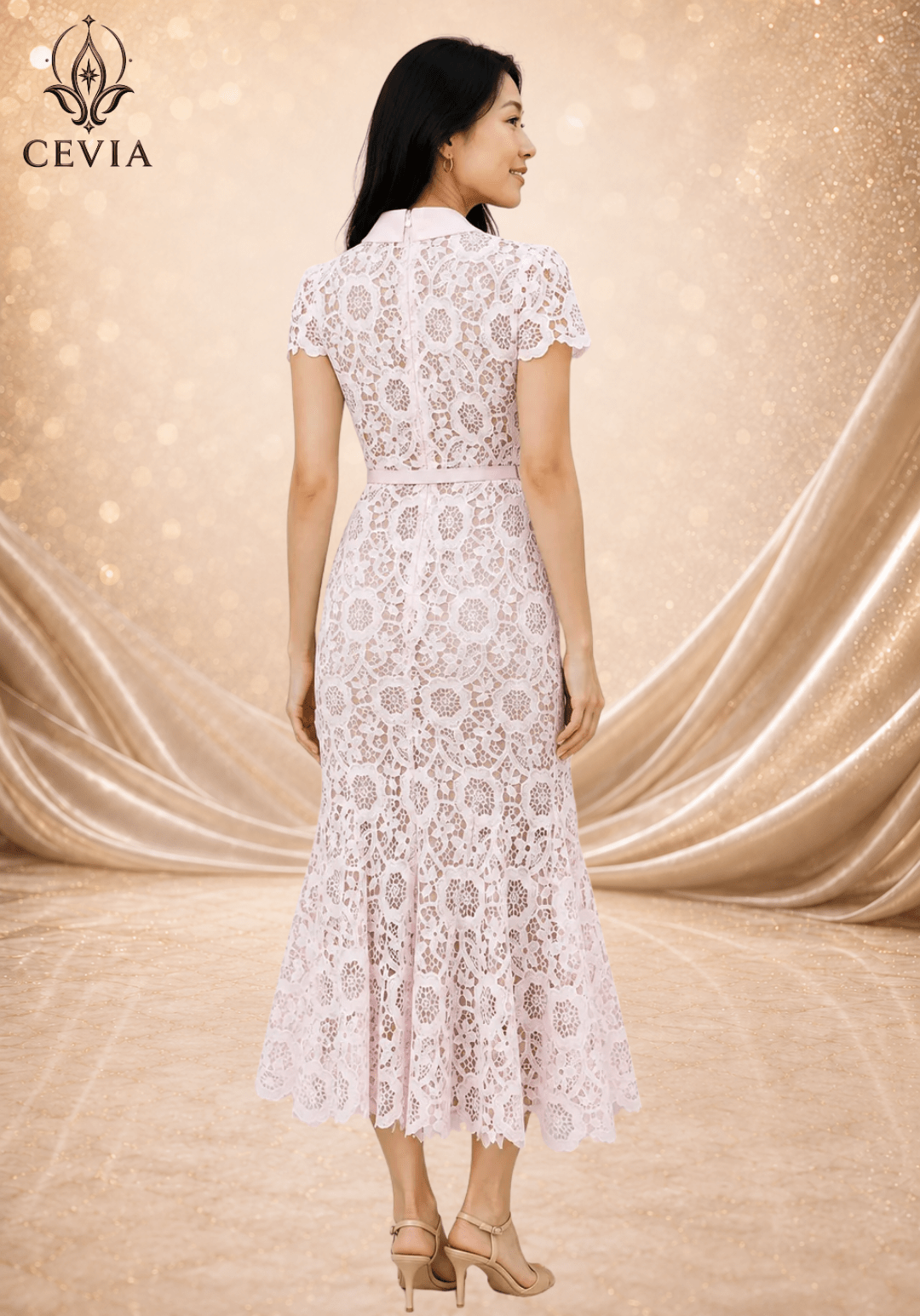 The Floral Lace Collared Mermaid Midi Dress - CEVIA
