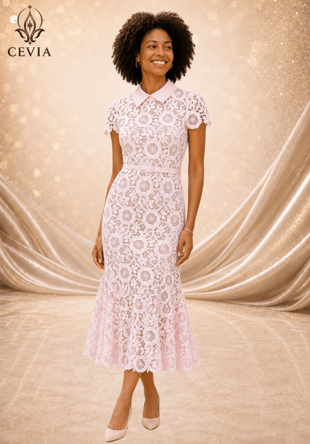 The Floral Lace Collared Mermaid Midi Dress - CEVIA