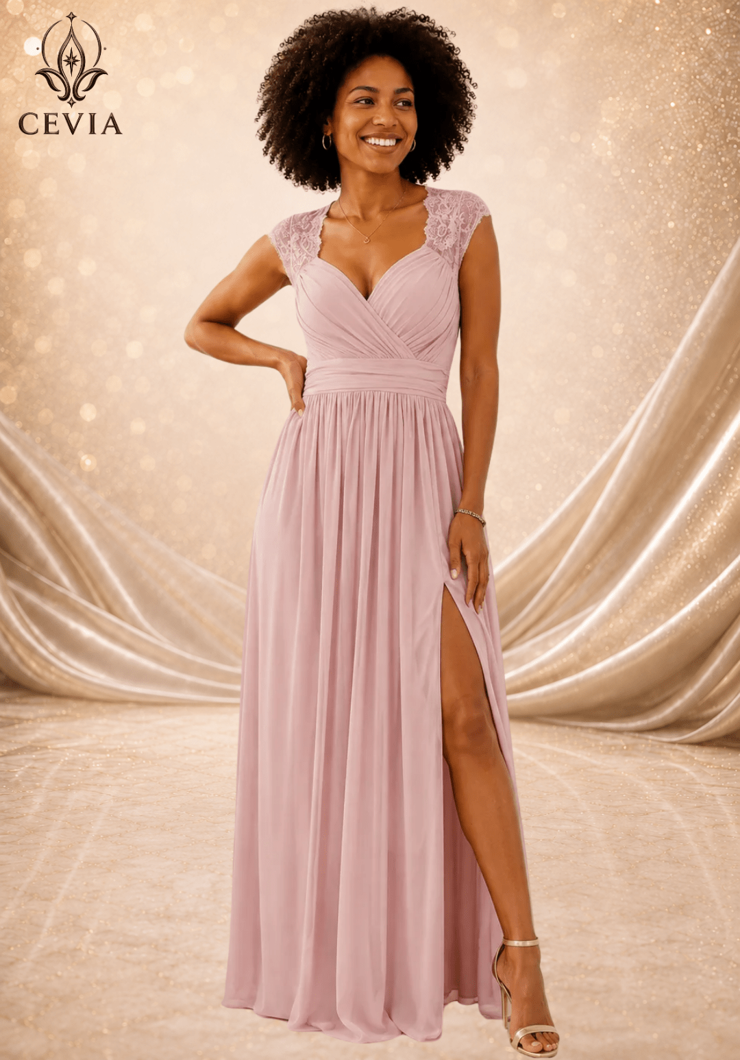 The Lace-Shoulder Ruched Split Maxi Dress - CEVIA